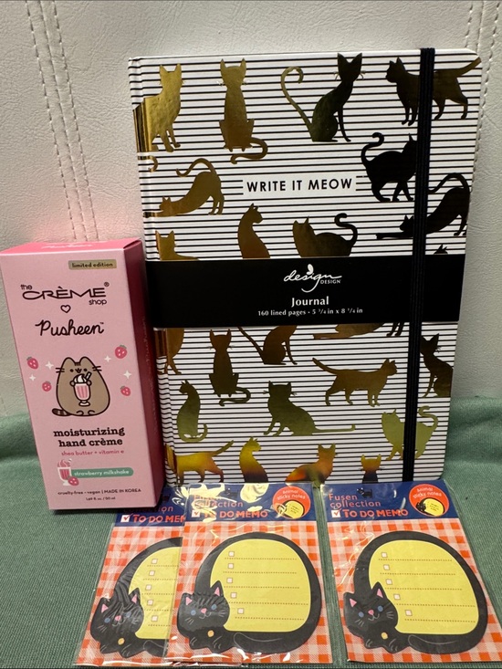 DesignWorks Ink Accessories - Cat Bundle: Gold Cat Journal, Black Cat Notepads & Pusheen Crème Shop Lotion